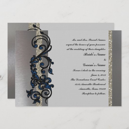 Classy Blue Black Silver Extravagant Hochzeit Einl Einladung (Vorne/Hinten)