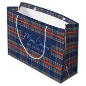 Classy Blue Burnt Orange Scottish Tartan Christmas Große Geschenktüte (Rückseite Schrägansicht)