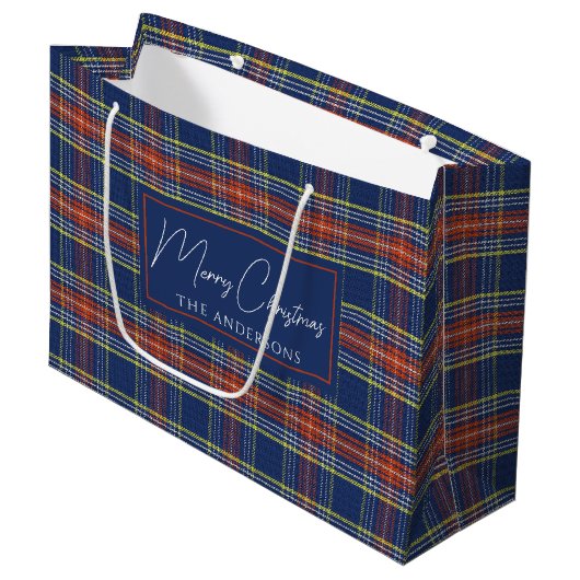 Classy Blue Burnt Orange Scottish Tartan Christmas Große Geschenktüte (Vorderseite Schrägansicht)