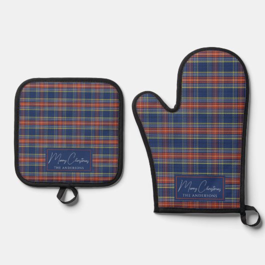 Classy Blue Burnt Orange Scottish Tartan Christmas Ofenhandschuh & Topflappen-Set (Vorderseite)