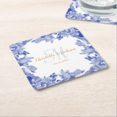 Classy Blue Chinoiseri Floral Wedding Couple Name Rechteckiger Pappuntersetzer (angewinkelt)