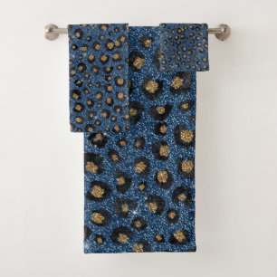 Classy Blue Glitzer Black Gold Leopard Print Badhandtuch Set
