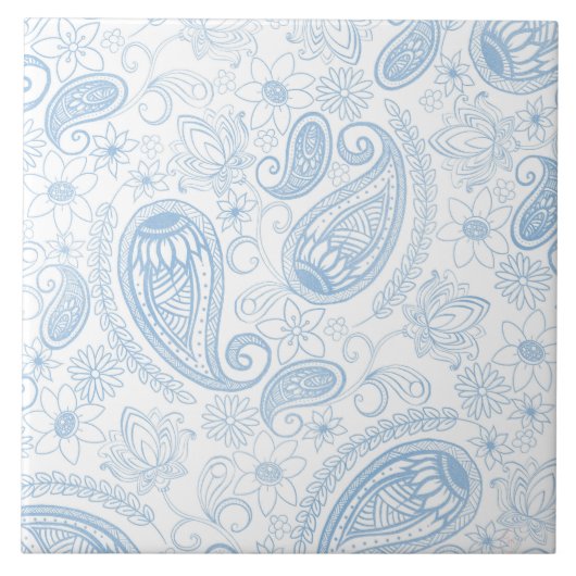 Classy Blue Glitzer Paisley Floral White Pattern Fliese (Vorderseite)