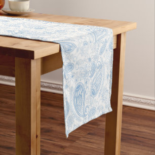Classy Blue Glitzer Paisley Floral White Pattern Kurzer Tischläufer