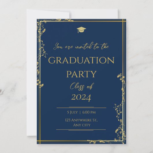 Classy Blue Gold Graduierungsparty Einladung (Vorderseite)