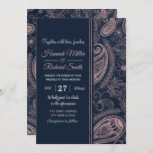 Classy Blue Rose Gold Glitzer Paisley Floral Einladung (Vorne/Hinten)
