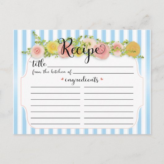 Classy Blue Stripes mit Rose Rezept Card Postkarte (Vorderseite)
