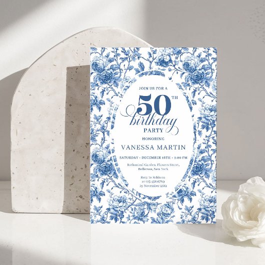 Classy Blue Toile de Jouy Floral 50th Birthday  Einladung