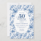 Classy Blue Toile de Jouy Floral 50th Birthday  Einladung (Vorderseite)