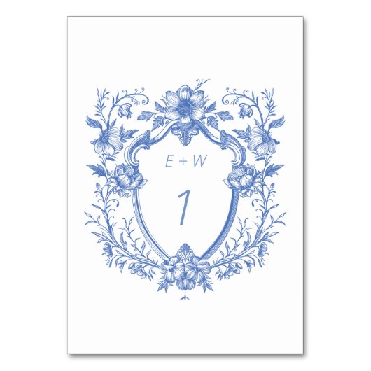 Classy Blue Wappen Monogram Wedding Tischnummer (Vorderseite)