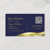 Classy Blue Wavy Gold Dekoration mit Logo QR Code Visitenkarte (Rückseite)
