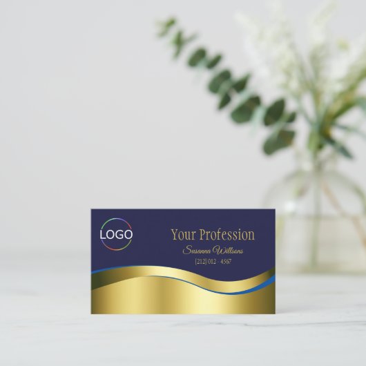 Classy Blue Wavy Gold Dekoration mit Markenlogo Visitenkarte (Stehend Vorderseite)