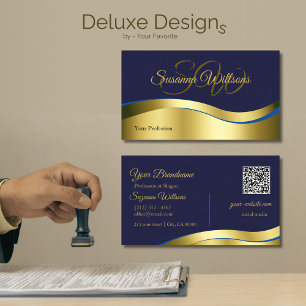 Classy Blue Wavy Gold Dekoration mit QR Code für d Visitenkarte