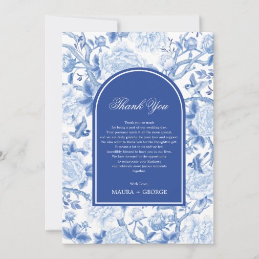 Classy Blue White Chinoiserie Wedding Foto Dankeskarte (Vorderseite)