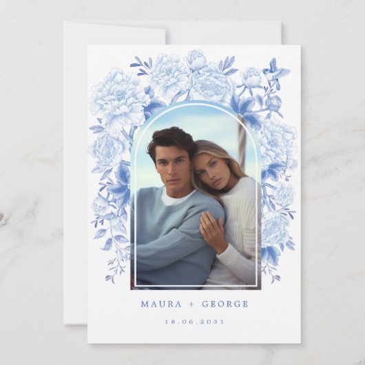 Classy Blue White Chinoiserie Wedding Foto Dankeskarte (Rückseite)