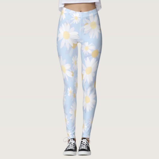 Classy Blue White Daisy Blume Leggings (Vorderseite)