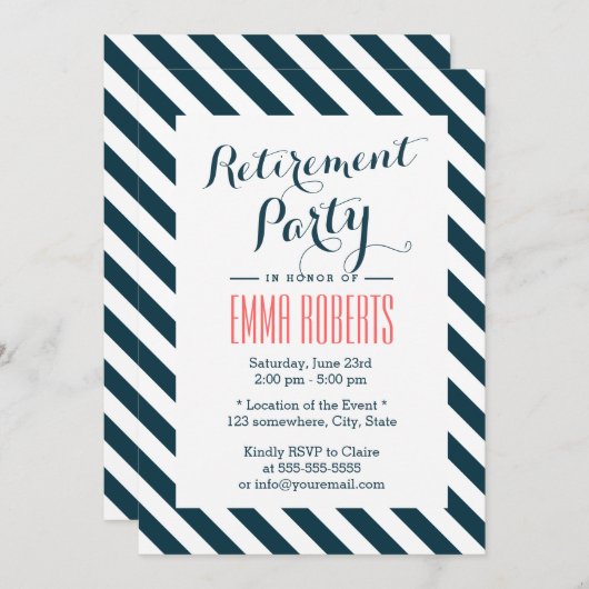 Classy Blue & White Stripes Retirement Party Einladung (Vorne/Hinten)