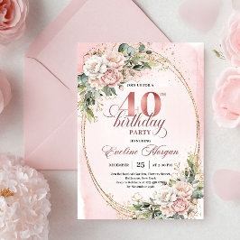 Classy Bohemian Blush Floral 40th Birthday Invites Einladung