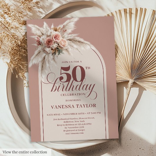 Classy Boho Dusty Rose Pampas Floral 50th Birthday Einladung