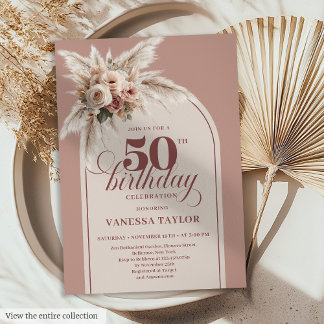 Classy Boho Dusty Rose Pampas Floral 50th Birthday Einladung