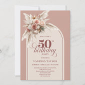 Classy Boho Dusty Rose Pampas Floral 50th Birthday Einladung (Vorderseite)