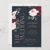 Classy Bold Burgundy & Navy Watercolor Florals Einladung (Vorderseite)