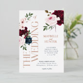 Classy Bold Burgundy & Navy Watercolor Florals Folieneinladung (Stehend vorne)