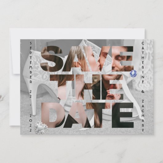 Classy Bridal Shoe Diamond Heart Sapphire Wedding Save The Date (Vorderseite)