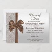 Classy Brown Silk Bow, Silver Sequins Abschluss Einladung (Vorderseite)