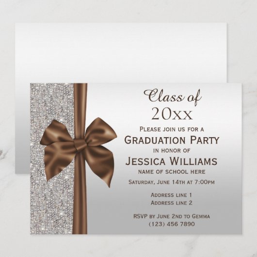 Classy Brown Silk Bow, Silver Sequins Abschluss Einladung (Vorne/Hinten)
