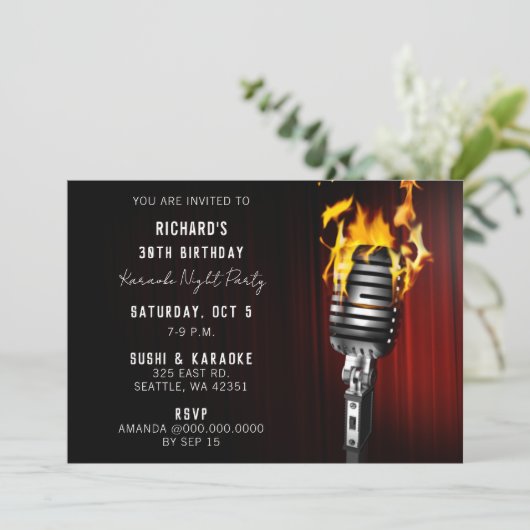 Classy Bühne Mikrofon Erwachsene Karaoke Party Einladung (Stehend Vorderseite)