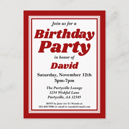 Classy Burgundy Adult Birthday Party Einladungspostkarte (Vorderseite)