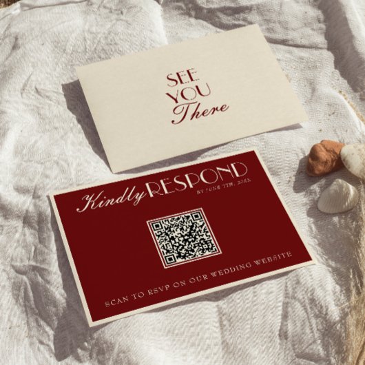 Classy Burgundy Cream Old Money QR Code Wedding RSVP Karte