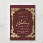 Classy burgundy Golden Blumenrahmen Grenze Hochzei Einladung (Vorderseite)