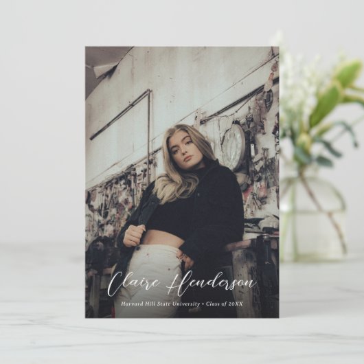 Classy Burgundy Script Foto Collage Abschluss Ankündigung (Stehend Vorderseite)