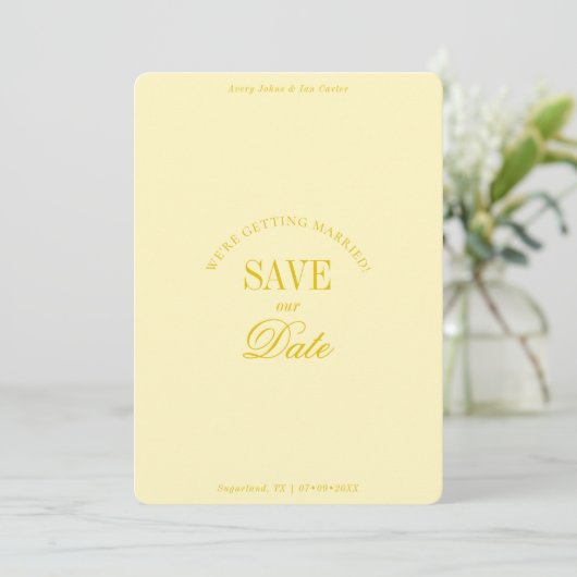 Classy Butter Yellow Elegant Save the Date Card (Stehend Vorderseite)