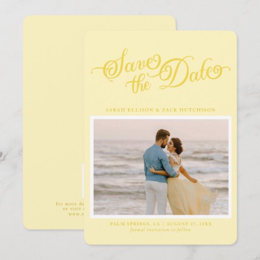 Classy Butter Yellow Elegant Script Save the Date (Vorne/Hinten)