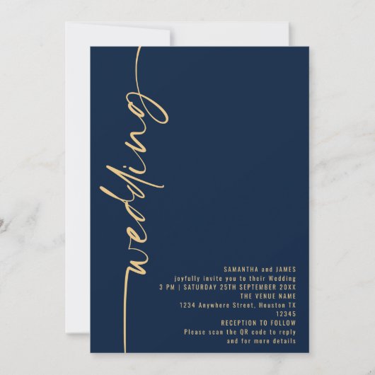 Classy Calligraphy QR Code Navy Gold Wedding Einladung (Vorderseite)
