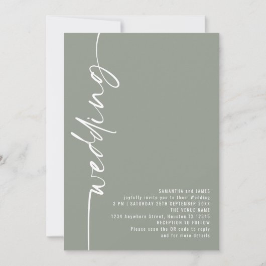 Classy Calligraphy QR Code Sage Green Wedding Einladung (Vorderseite)