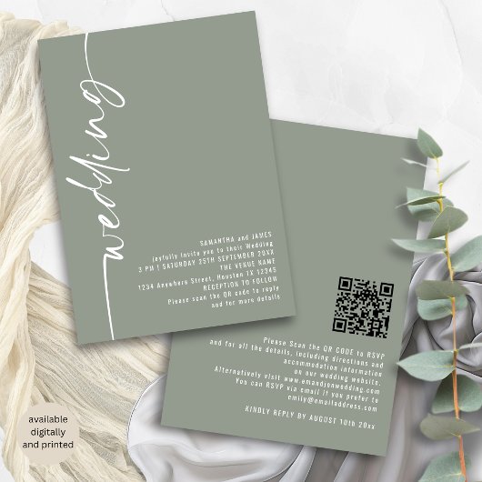 Classy Calligraphy QR Code Sage Green Wedding Einladung