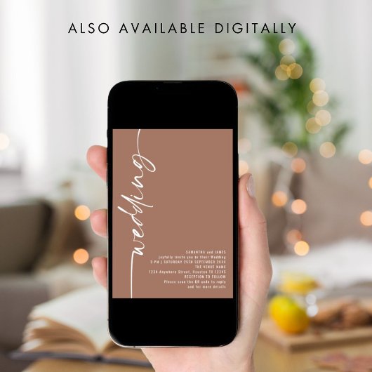 Classy Calligraphy QR Code Soft Brown Wedding Einladung