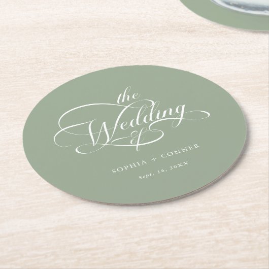 Classy Calligraphy Wedding Sage Green Runder Pappuntersetzer (Angewinkelt)