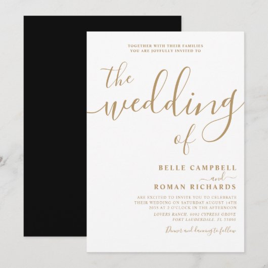 Classy Calligraphy White & Gold Wedding Einladung (Vorne/Hinten)