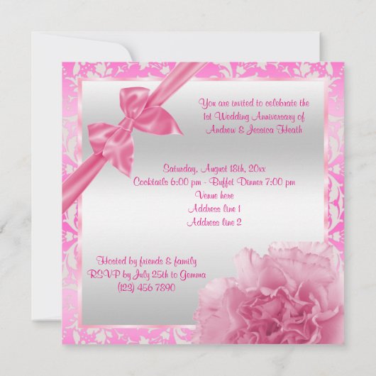 Classy Carnation & Bow 1. Hochzeitstag Einladung (Rückseite)