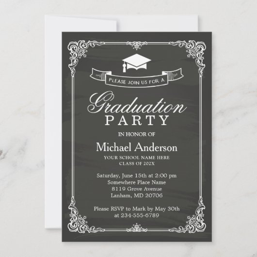 Classy Chalkboard Frame Modern Graduation Party Einladung (Vorderseite)