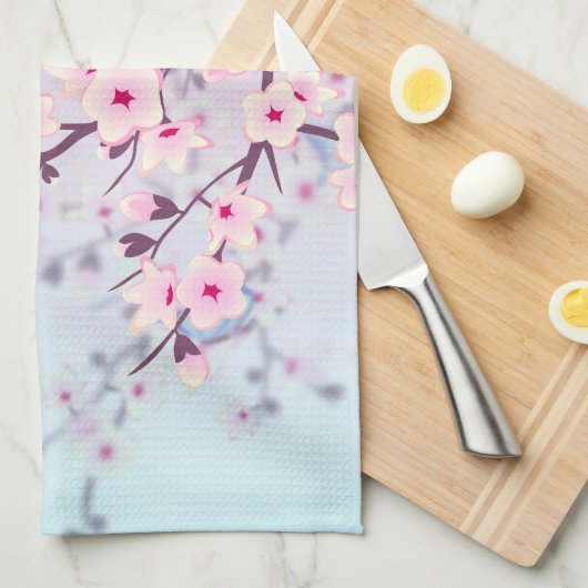 Classy Cherry Blüten Landschaft Pink Blau Geschirrtuch (Viertel Falte)