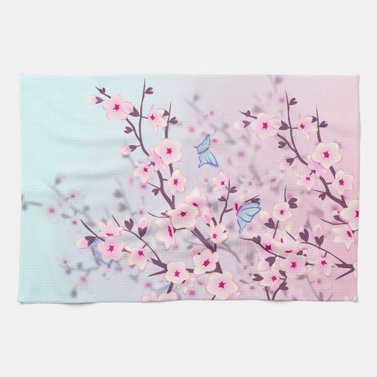 Classy Cherry Blüten Landschaft Pink Blau Geschirrtuch (Horizontal)