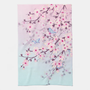 Classy Cherry Blüten Landschaft Pink Blau Geschirrtuch