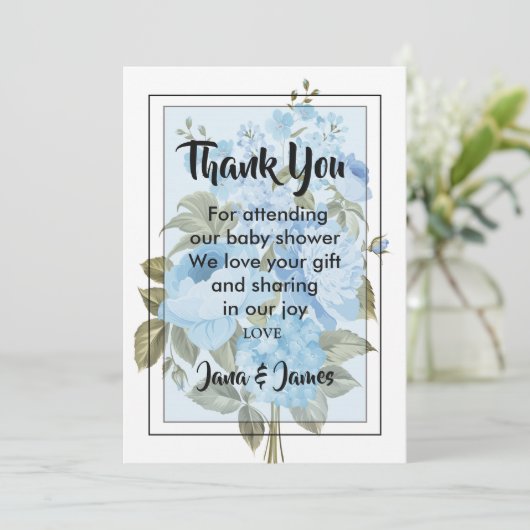 Classy Chic Blue Blumendanke Einladung (Stehend Vorderseite)