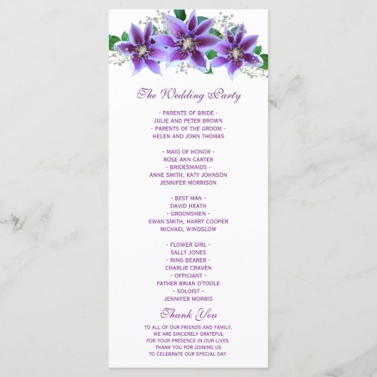 Classy Chic Clematis Hochzeitsprogramm Programm (Rückseite)